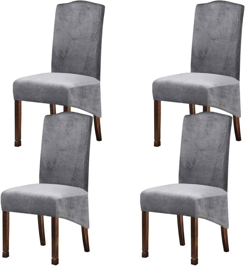 KELUINA Velvet Plush XL Dining Chair Covers, Stretch Chaircover, Spandex High Chairs Protector Covers Seat Slipcover with Elastic Band for Dining Room,Wedding, Ceremony, Banquet (Silver Grey, Set of 4) - Image 1